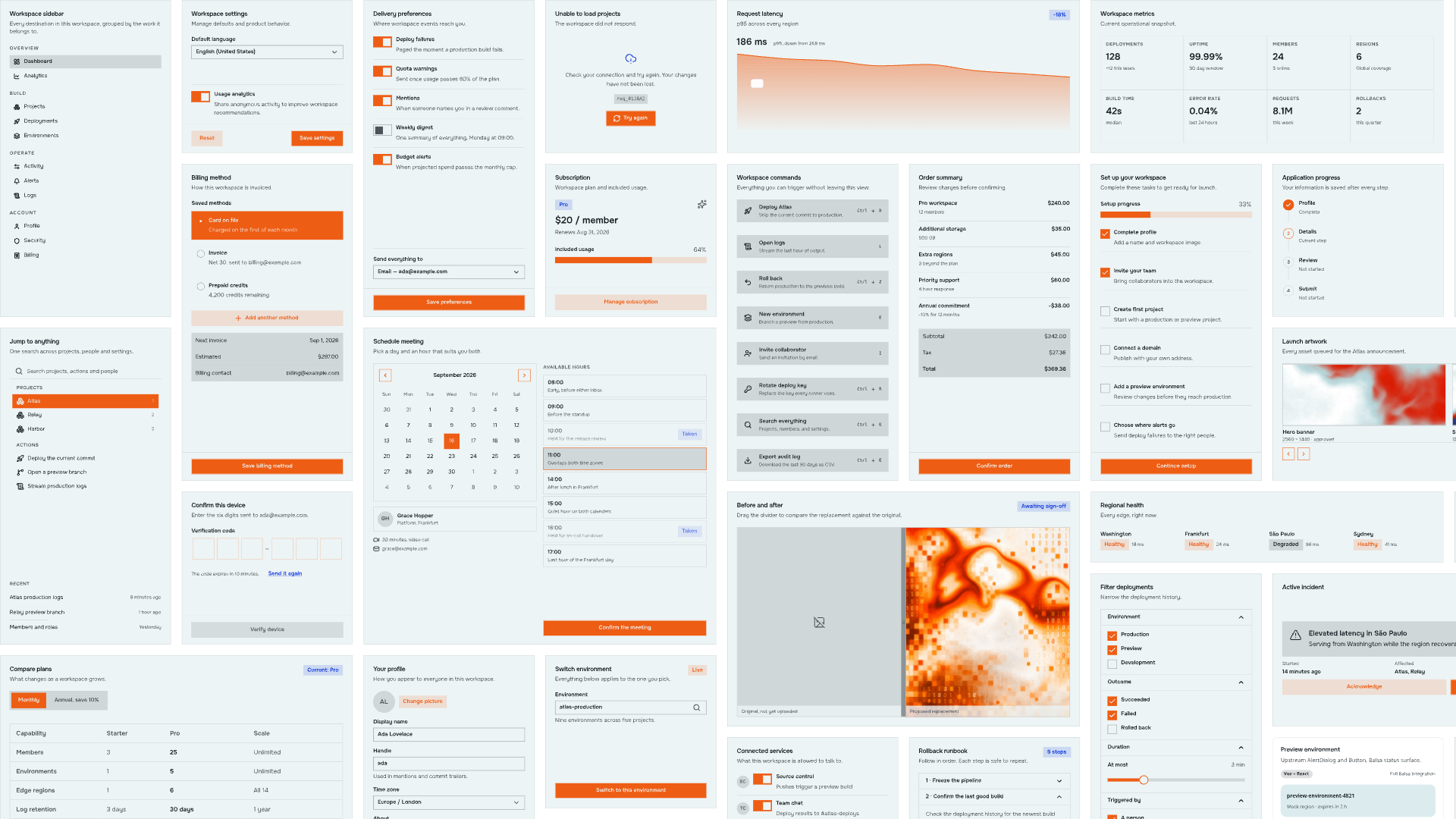 Overview of 1-TO-X product UI components: navigation, settings, billing, scheduling, metrics and deployment panels